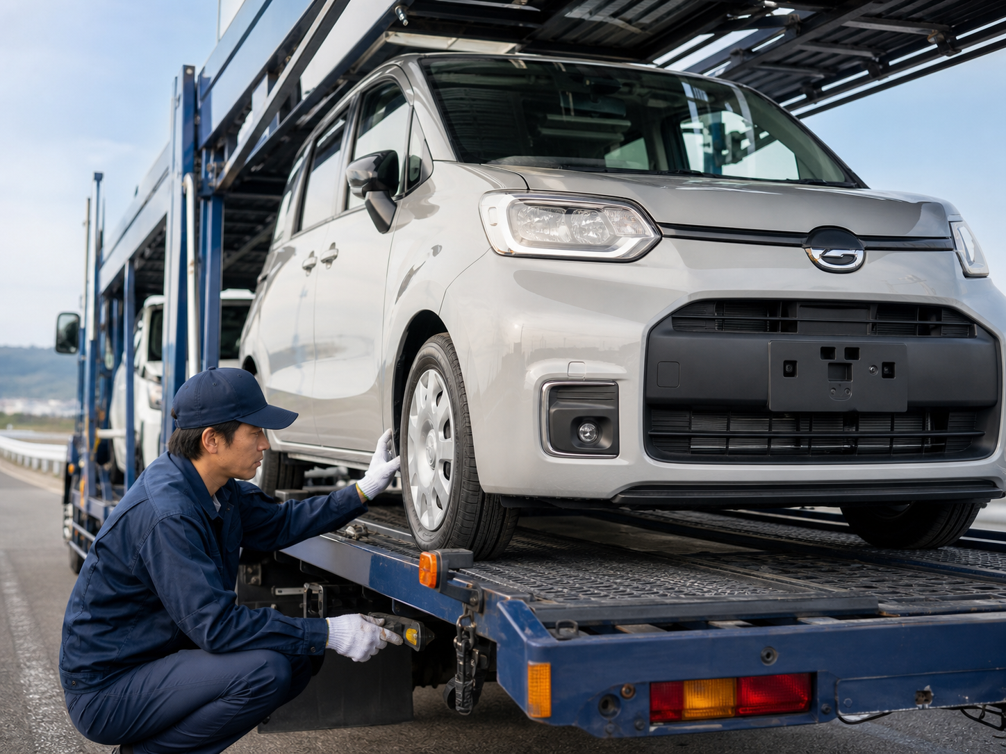 輸送前の新古車を確認するスタッフ